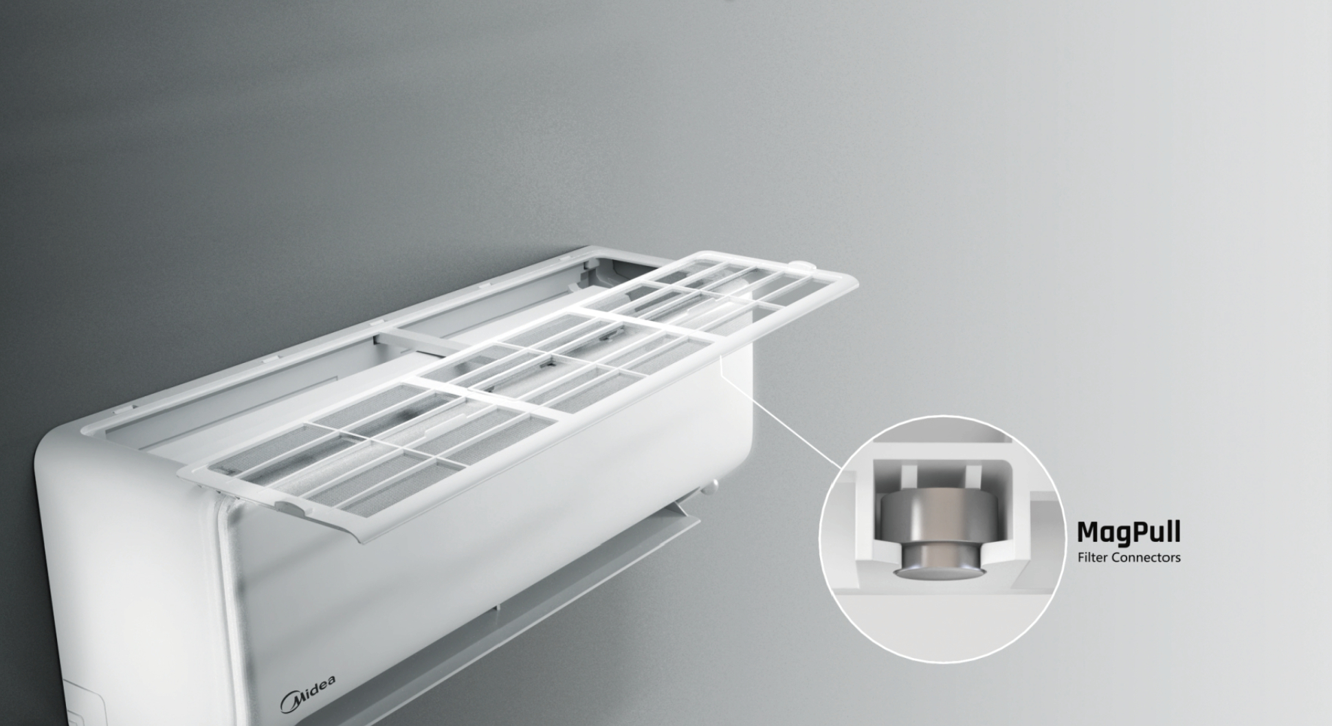 Midea wall unit with its removable top-mounted filter shown